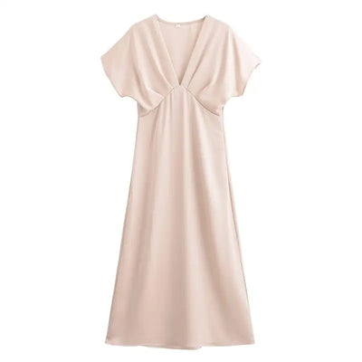 Women's Summer Dress 2025 New Elegant Fashion Slim V-neck Stain Long Dress Women Chic Comfortable Casual Dresses