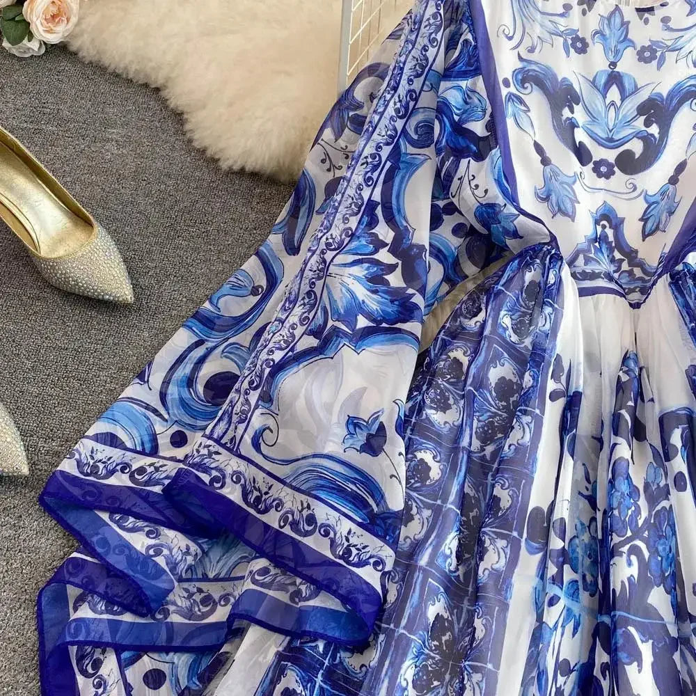 Women Clothing O Neck Flare Sleeve Large Swing Maxi Dress New Summer Bohemian Blue And White Porcelain Print Chiffon Vestidos