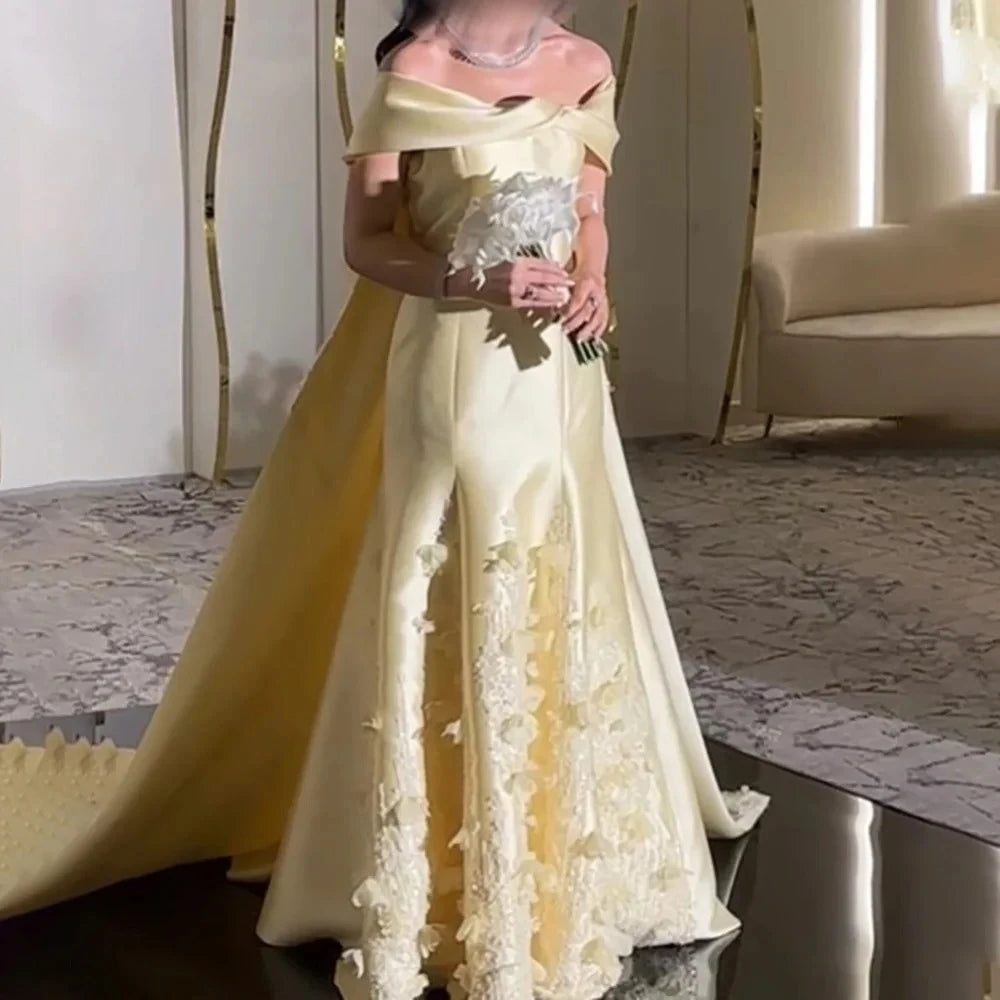 Customized 3D Flowers Evening Dresses A-line Off Shoulder Princess Prom Dress Sweetheart Bow Backless Ball Party Gowns for Women
