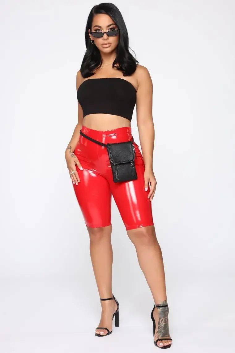 New Women's High Waisted PU Leather Skinny Black Shorts Sports Biker Shorts