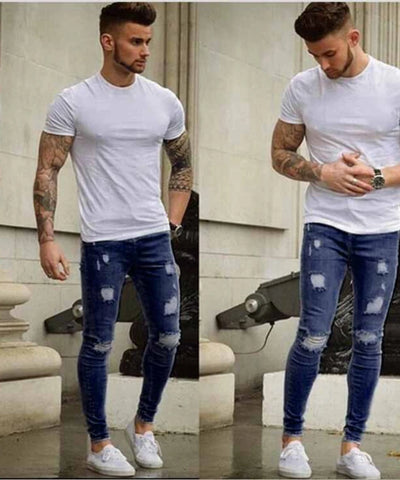 Men Jeans Denim Pencil Pants Distressed Mid Waist Sheath Ankle Length Zipper Fly Pockets Slim Washing High Street 2024