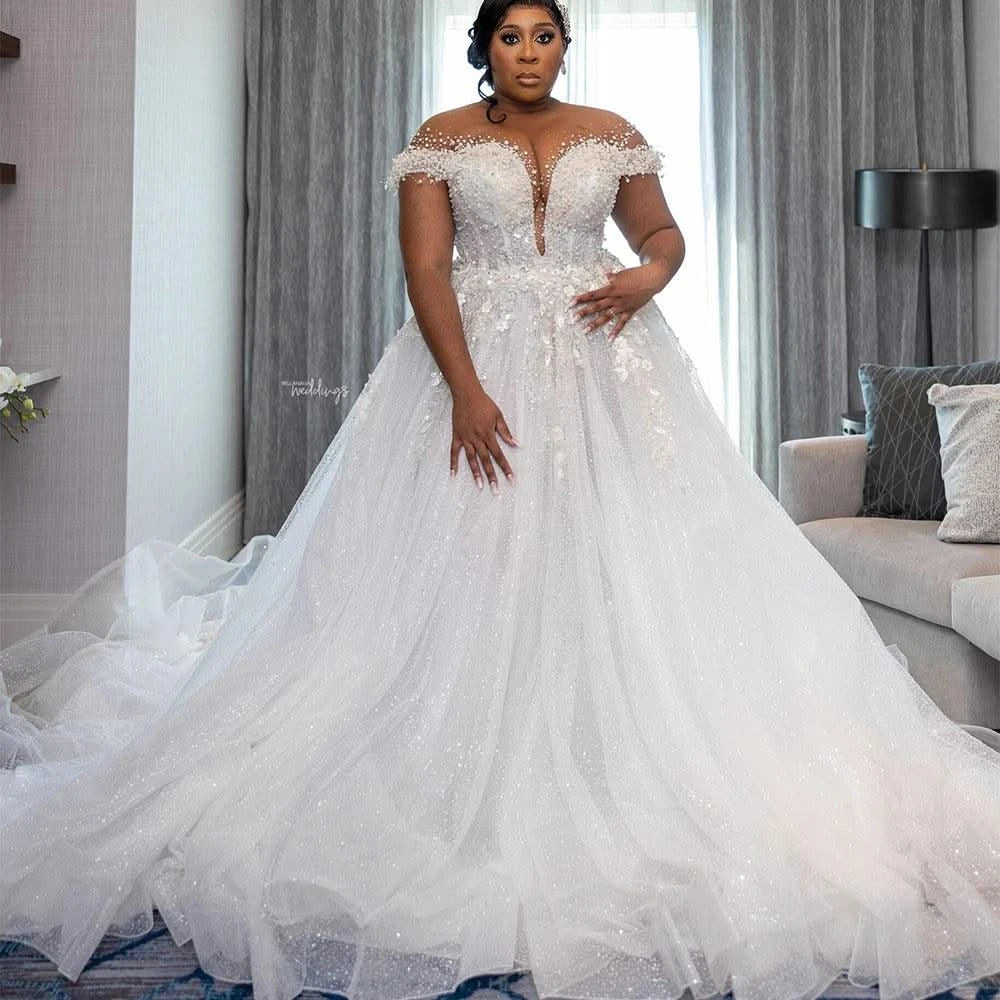 Wedding Dresses for Bride Sheer Neck Lace up Back Sequins Pearls PLUS SIZE ONLY
