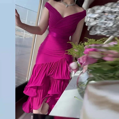 Dresses for Women 2025 Temperament Elegant Off Shoulder Ruffles Tiered Ankle Length Sleeveless Ruffle Edge Party Evening Dress