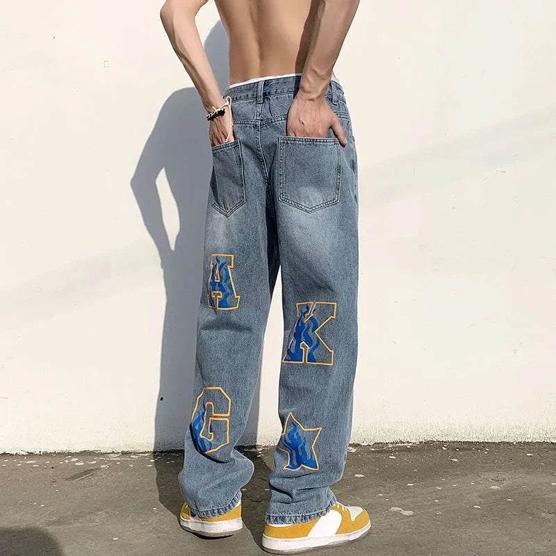 Men's Jeans Hip Hop Man Cowboy Pants Star Straight Graphic Trousers Korean Style 2024 Autumn Fashion Stylish Japanese Street Xs