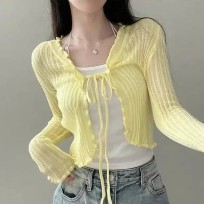Ruffled Trim Tie Front Long Sleeve Crop Top Women Long Sleeve Open Front Ribbed Knit Cardigan Sweater Summer Fairycore Outfit