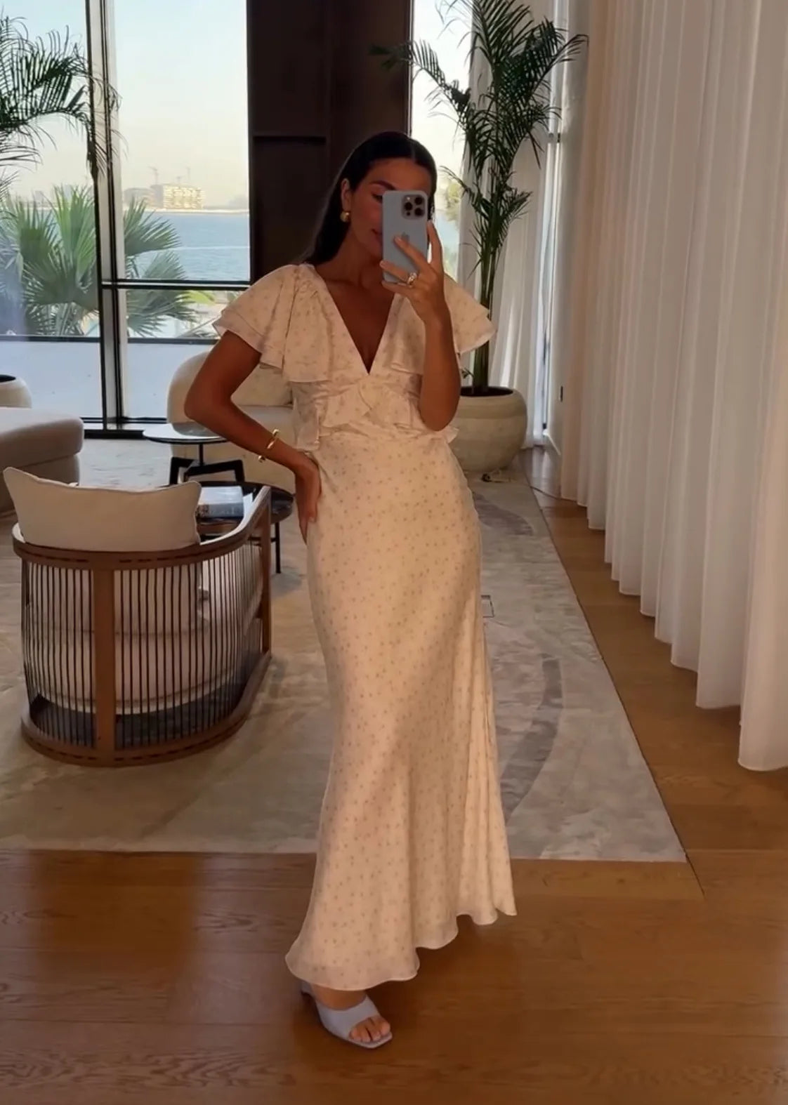 Womens Dresses 2025 Summer New Woman Clothing V Collar Ruffles Sleeve High Waist Long One-piece Dress Gown