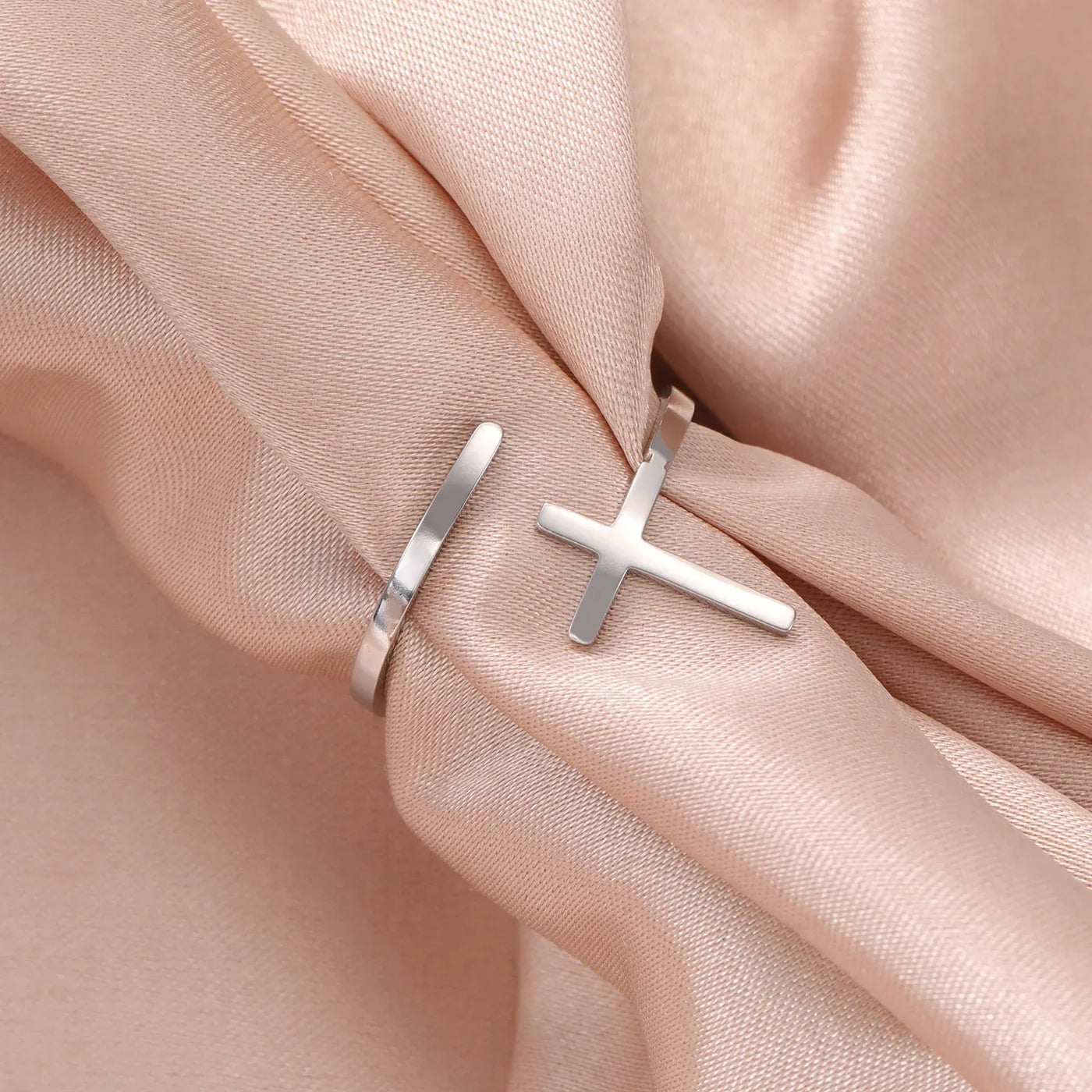 Cazador Christian Cross Open Rings for Women Stainless Steel Christian Jewelry Adjustable Finger Rings Birthday Valentine Gift