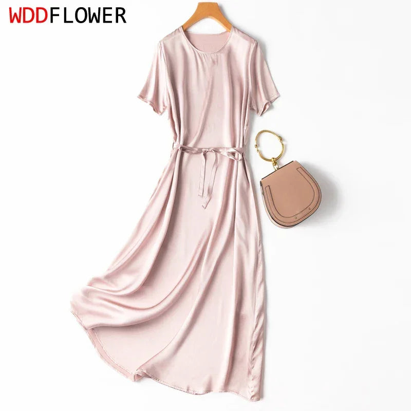 Women Midi Dress 100% Mulberry Silk 20 Momme Crew neck belted waist Solid Color Light Pink A Line Long Dress MM883