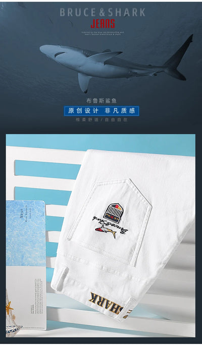 2024 New Summer White Jeans for Men Bruce&Shark  Designer Luxury Men's Jeans Loose Fit Stretch Cotton Casual Fashion Big Size 42