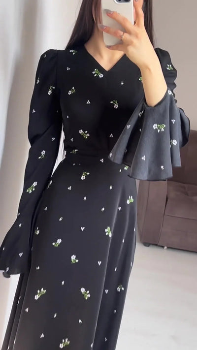 Elegant Dresses for Women Spring Summer New Printing Lotus Leaf Sleeve V Neck Dress Fashionable Slim Fit Women's Evening Dress