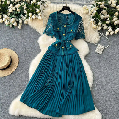 Designer 2025 Summer Pleated Chiffon Lace Long Dress Women Flower Embroidery Gold Button Belt Evening Party Dresses Wedding Robe