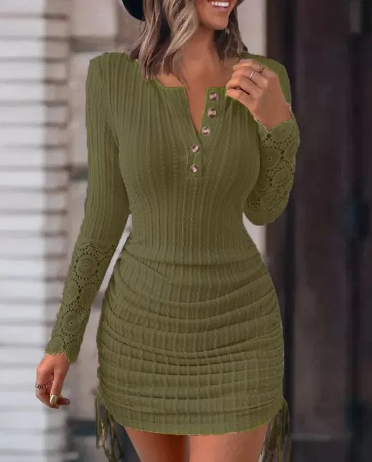 Fashion V-neck Long Sleeve Knitted Bodycon Lace Midi Dress Woman 2024 Autumn Winter Buttons Sexy Club Hip Wrap Dresses For Women