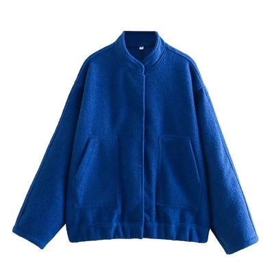 Woman's Oversized Bomber Jacket Autumn New Round Neck Long Sleeve Pocket Hidden Button Loose Jackets Coat Female Outerwear