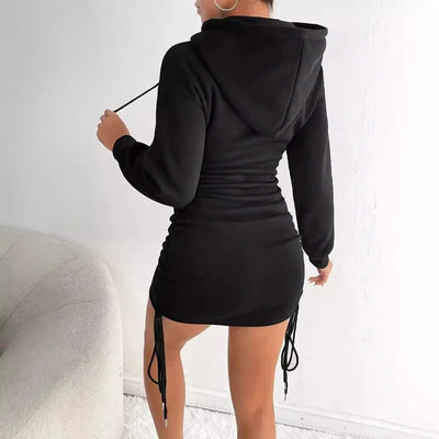 Autumn fashion side drawstring pleated hooded sweatshirt dress for women