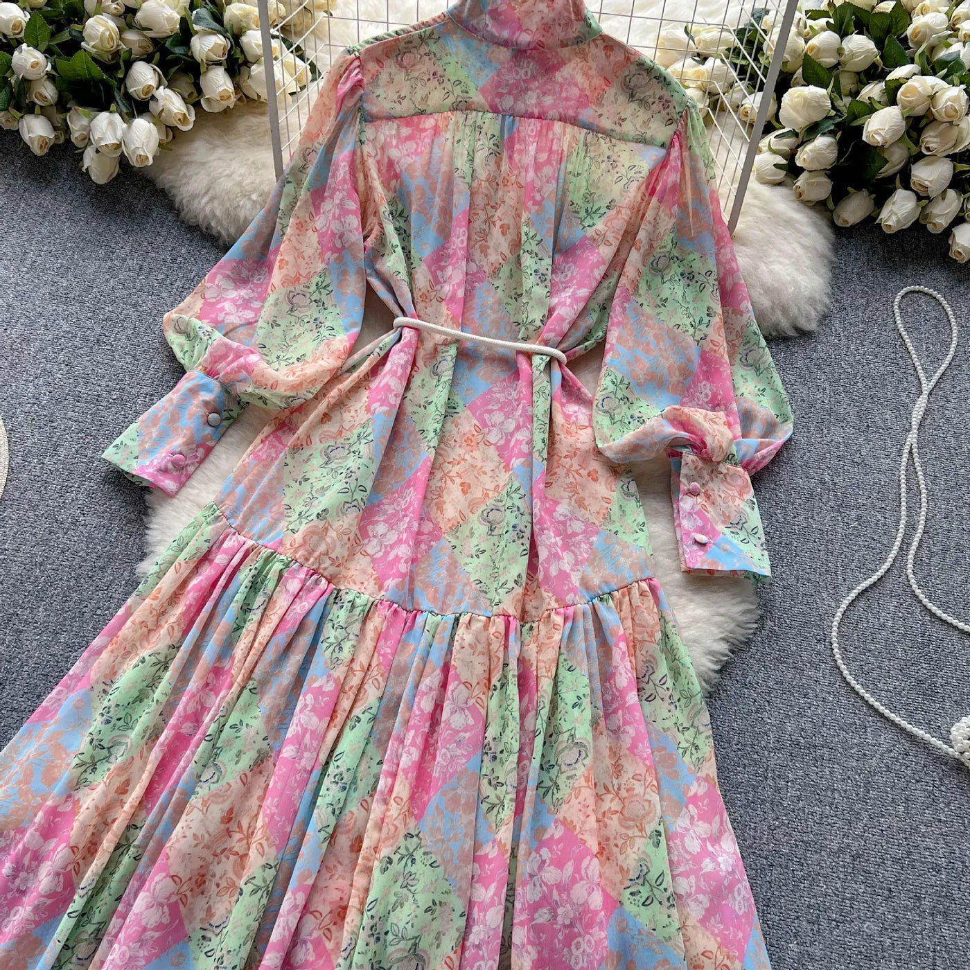 Long Dress Women Dresses A Line Chiffon Vestidos Stand Collar Streetwear Floral Print Elegant Splice Y2k Party Night High Waist