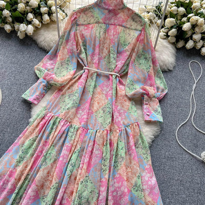 Long Dress Women Dresses A Line Chiffon Vestidos Stand Collar Streetwear Floral Print Elegant Splice Y2k Party Night High Waist