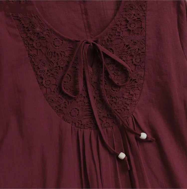 Fashion Women's Solid Lace Top Cotton Linen Casual Top Woman New Summer Blouse Three-Quarter Sleeve Loose Shirt & Blouse Women