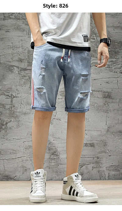 Summer Denim Shorts For Men Trendy Ripped Elastic Waist Loose Fit Casual Jeans 5 Minute Length Middle Pants