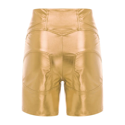 Womens Metallic Shiny Biker Tights Shorts High Waist Front Zipper Pockets Bodycon Short Leggings Motor Riding Dance Shorts