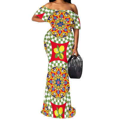 S-3XL Italian Tile Print Maxi Dress Off Shoulder Summer Holiday Boho Dress for Women