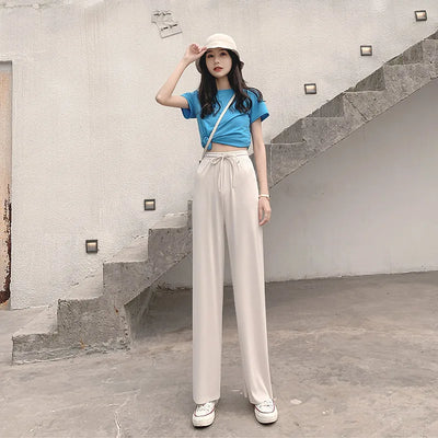 New Women Ankle-Length Wide Leg Pants Casual Summer Solid Elastic Waist Loose Ice Silk Pants Spring Summer Female Trousers