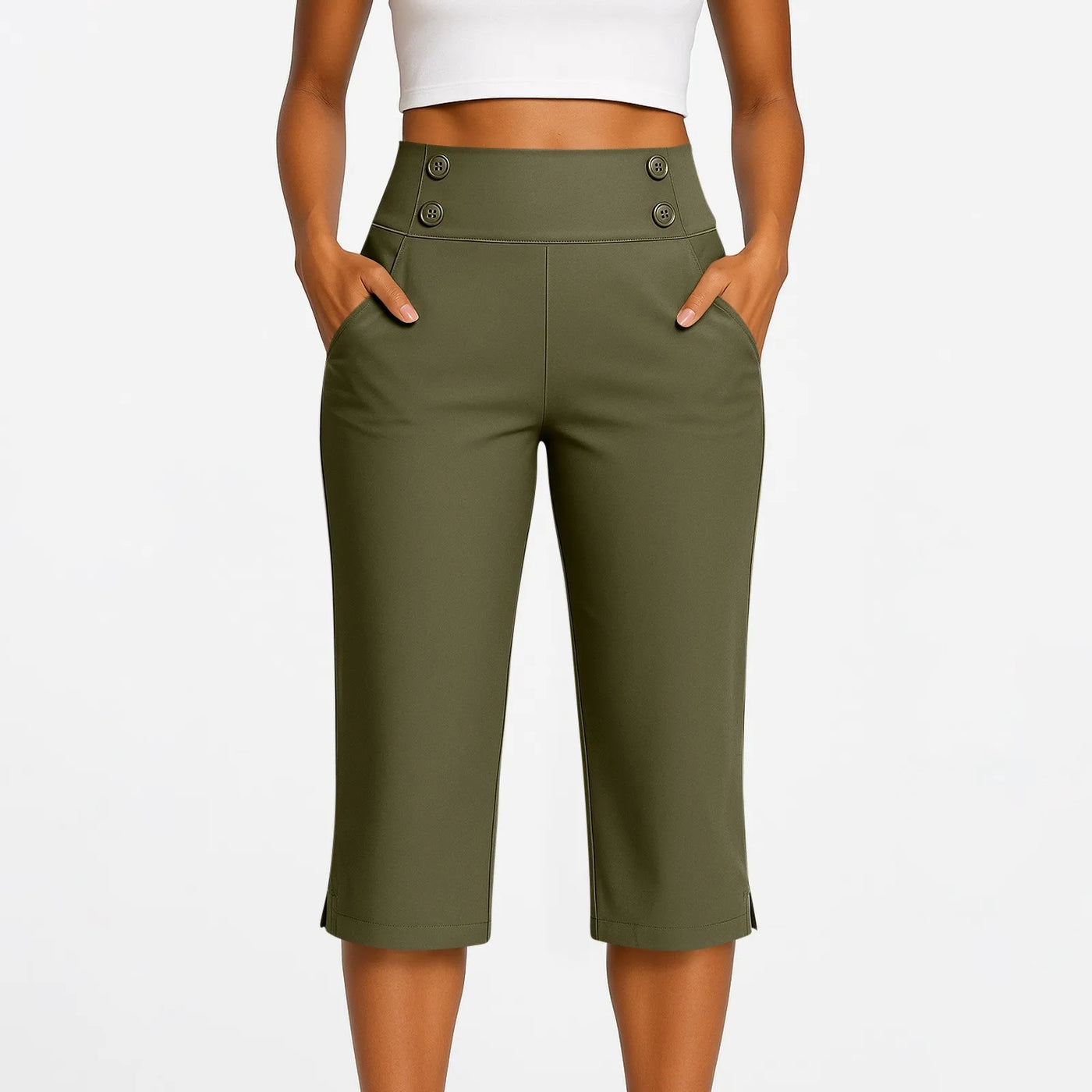 Women Elastic High Waist 3/4 Pant Casual Active Fit Wide Capris Leg Pants Trousers With Pockets Pants Woman брюки женские