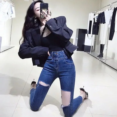 Skinny Pencil Slim Fit Women's Ripped Jeans 90s South Korea Cheap Summer Cowboy Pants for Woman Korean Fashion Xxl Torn Trousers