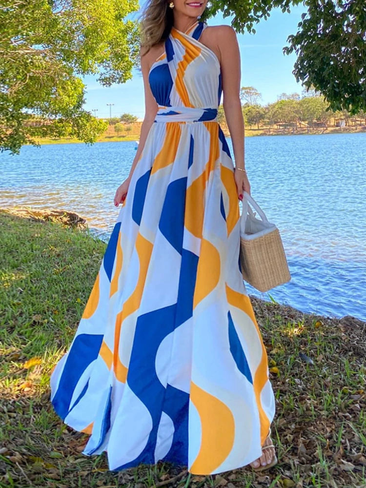 Women's Dress New Summer Printing Boho Robe Hanging Neck High Waist Split Sexy Dress Long Dresses Woman Clothing Party Dresses
