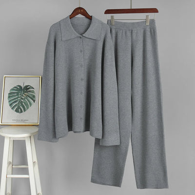 2025 Autumn Street Outfits Knitted Cardigan Pants Sets Women Single Breasted Lapel Sweater High Waist Wide Leg Trousers Suit