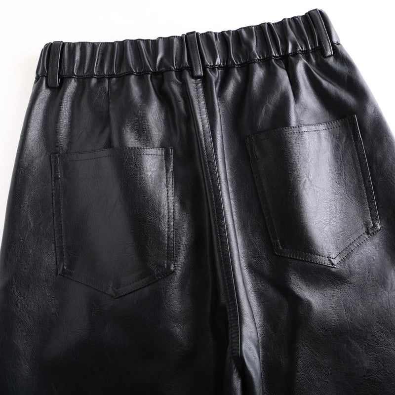 Women  Wide Leg PU Leather Pants  Autumn Winter Fashion Warm Long Pants Back Elastic Waist  Straight Elegant  Leather Trousers