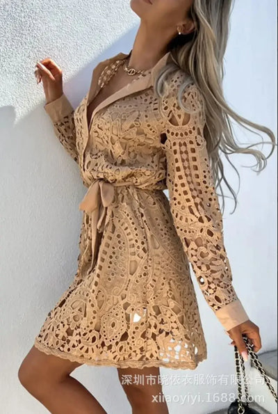 Elegant Shirt Dress Women Sexy Hollow Out Lace Dresses Spring Autumn Button Lace-up Office Lady Mini Dress Female