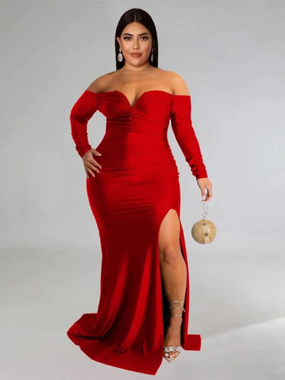 Wmstar Plus Size Party Dresses for Women Off Shoulder V Neck Slip Hem Elegant Full Length Maxi Dress Wholesale Dropshipping 2022