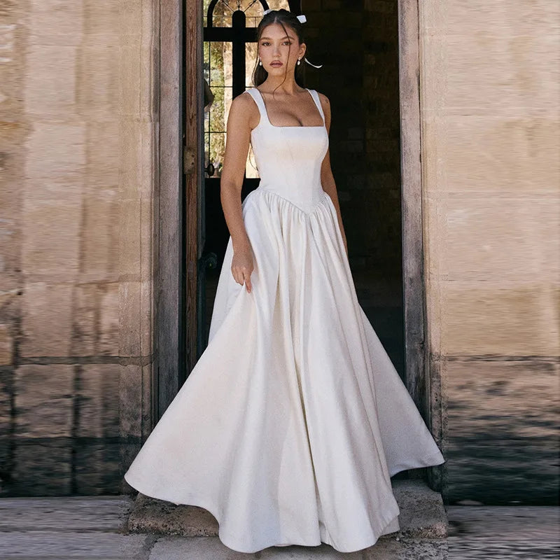 Elegant Slimming Solid Color A-Line Long Dress for Women Spring Summer 2025 Fashionable Style