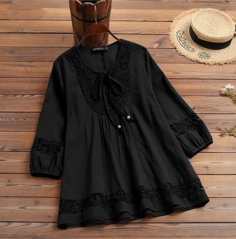 Fashion Women's Solid Lace Top Cotton Linen Casual Top Woman New Summer Blouse Three-Quarter Sleeve Loose Shirt & Blouse Women