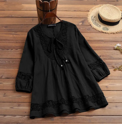 Fashion Women's Solid Lace Top Cotton Linen Casual Top Woman New Summer Blouse Three-Quarter Sleeve Loose Shirt & Blouse Women