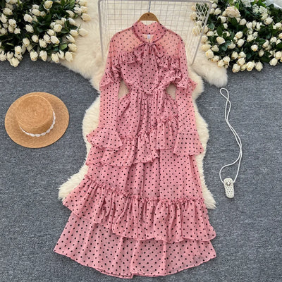 Dot Dress Women Long Dresses Print Chiffon Lace Up Flare Sleeve A Line Vestidos Streetwear Elegant Splice Y2k High Waist Party