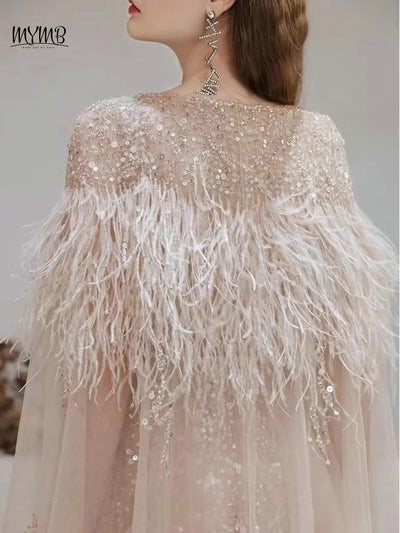 MYMB Arabic A-Line Women's Formal Engagement Dresses Gorgerous Beaded Wedding Prom Party Gown with Feathers Cape Shawl DKN0304