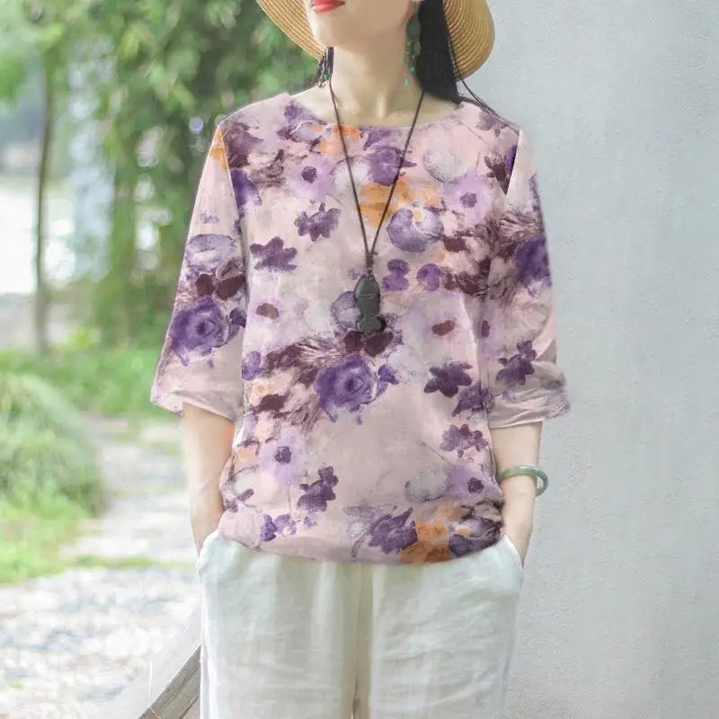 ZANZEA Women Cotton Linen Blouses 2024 Summer Bohemian Floral Printed Blusas Fashion 3/4 Sleeve O-Neck Top Casual Loose Shirts