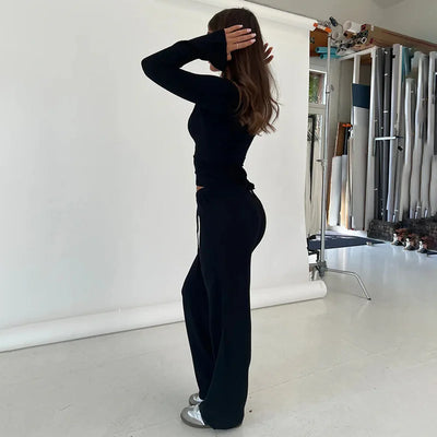 Women Fashion Lounge Set Vintage 2 Piece Outfit Spring Autumn V Neck Waist Tie T-shirt+Elastic Waist Pants Long Sleeve Crop Tops