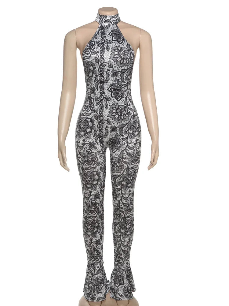 kliou Attractive Y2K Women Jumpsuits Fashion Print Halter Backless High Collar Off Shoulder Overalls Female Midnight Clubwear