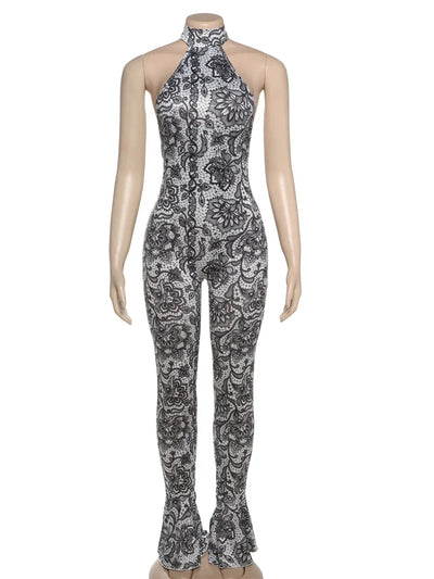 kliou Attractive Y2K Women Jumpsuits Fashion Print Halter Backless High Collar Off Shoulder Overalls Female Midnight Clubwear