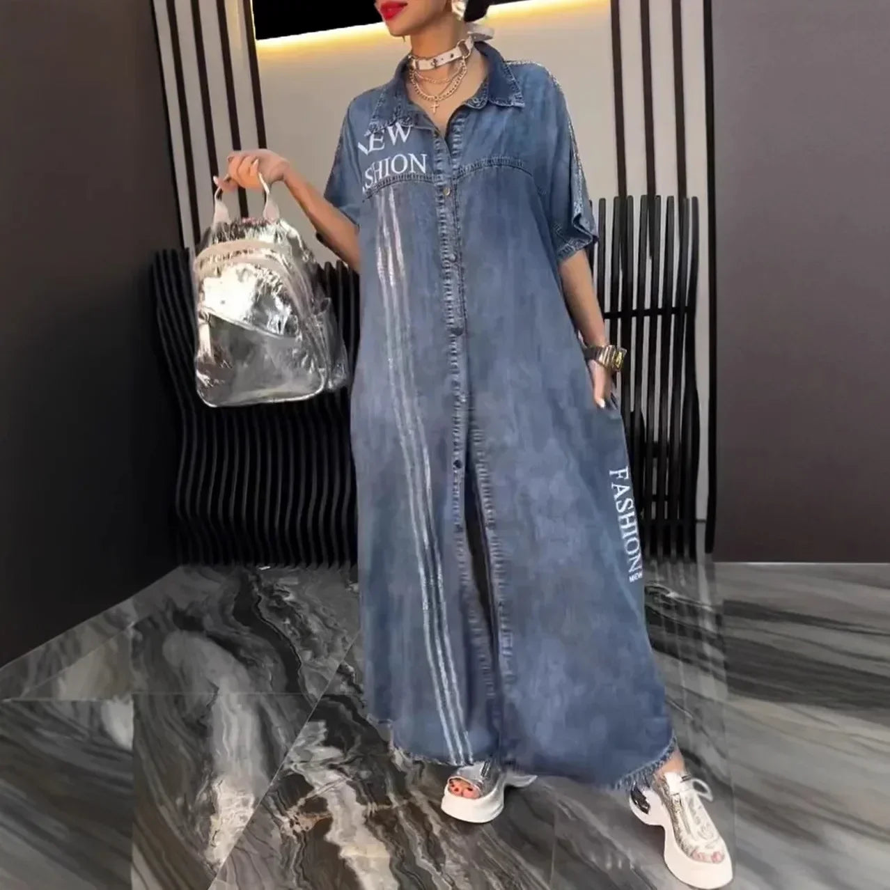 Denim Dress Women Long Dresses Letter Print Vestidos Single Breasted Turn Down Collar Distressed Maxi Gown Summer A Line 2025