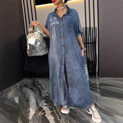 Denim Dress Women Long Dresses Letter Print Vestidos Single Breasted Turn Down Collar Distressed Maxi Gown Summer A Line 2025