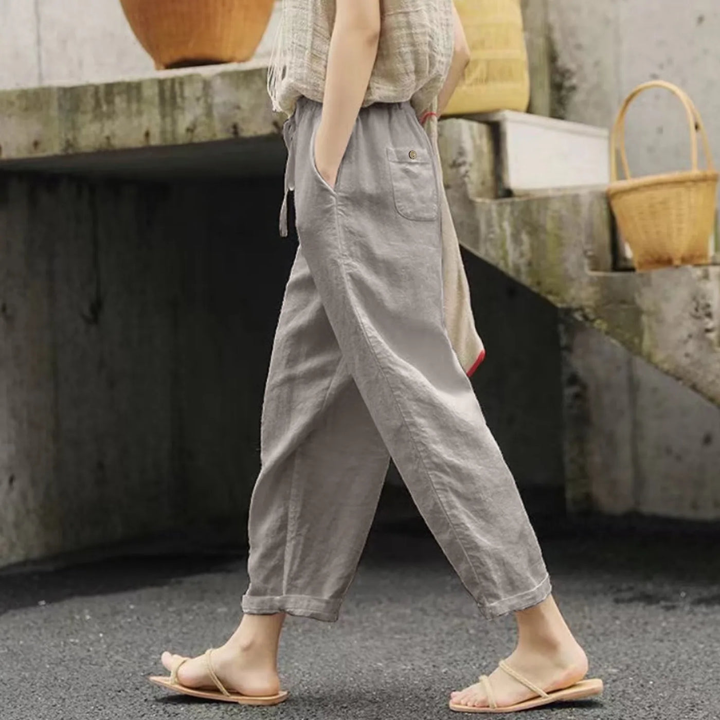 Women Solid Cotton Linen Pants Casual Baggy Elastic Waist Cropped Trousers Basic Wide Leg Linen Pants Pantalones De Mujer