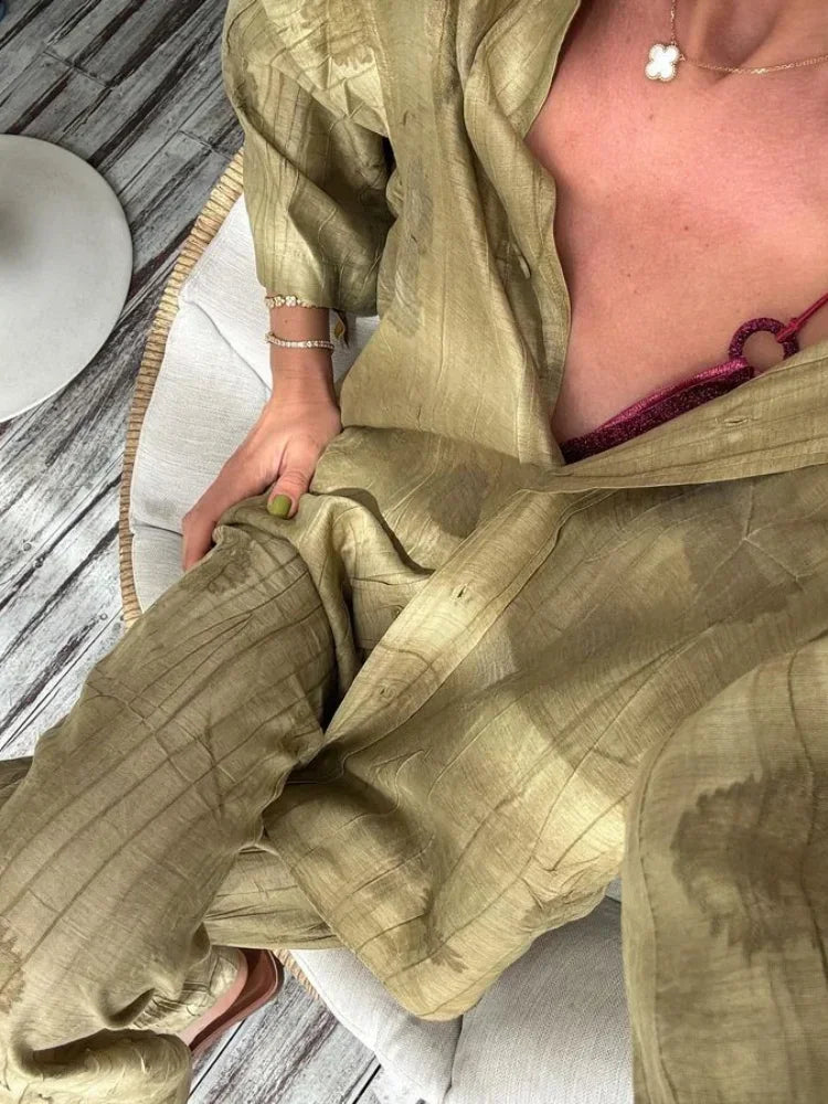 Women's Jacquard Oversized Shirt Trousers Short Sleeves Suit Lapel Shirt High Waist Elastic Straight Leg Pants Chic Female Set