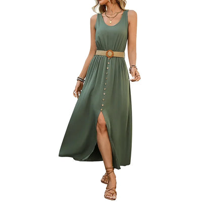 New European and American Dress for Women Clothing Leisure Vacation Simple Split Fork Solid Sleeveless V-neck Dress with Belt