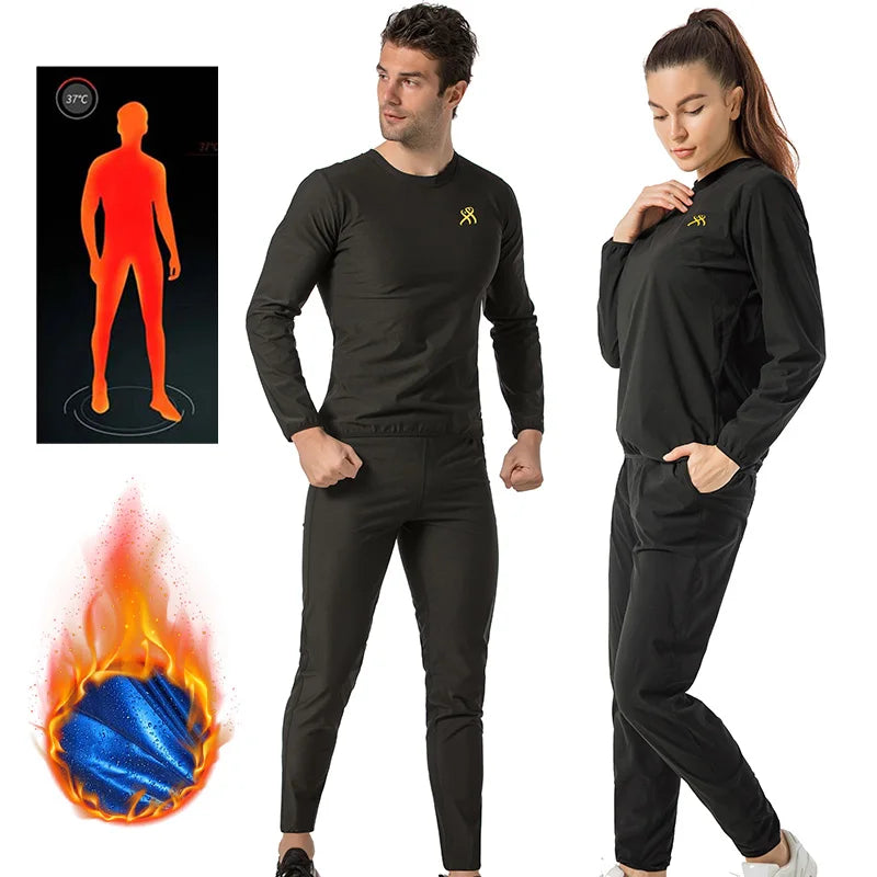 Sauna Suit for Women & Men Weight Loss Workout Body Shaper Long Sleeve Pants with Elasticity Waist and Pocket DesignSweat Suits