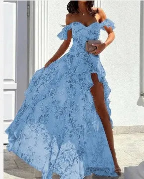 Elegant Party Dresses for Women 25 New Casual Fashion Print Trend Sexy Spicy Girl Off Shoulder Strap Split Waist Dress Vacation