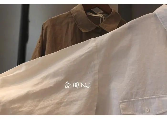 Cotton Linen Women Medium-Length White Polo Shirt Women Large Size Women Clothing Spring Autumn Design Niche Long-Sleeved Shirt