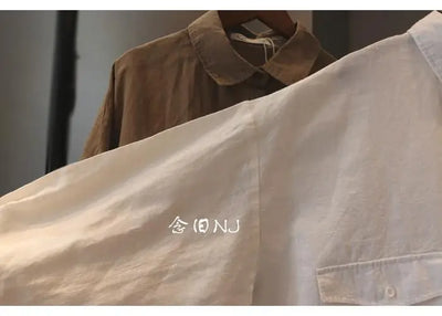 Cotton Linen Women Medium-Length White Polo Shirt Women Large Size Women Clothing Spring Autumn Design Niche Long-Sleeved Shirt